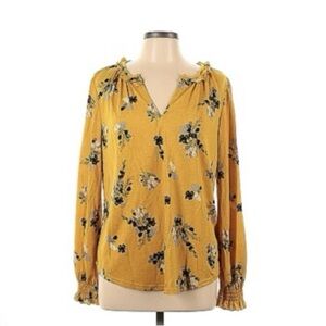Melloday Yellow Floral Long Sleeve V-neck Blouse